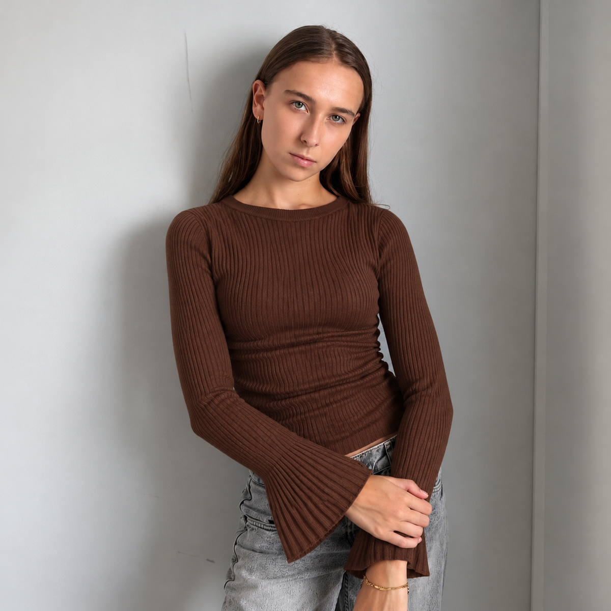 Rib Top met Flared Mouwen – Zwart & Donkerbruin Bruin Tops