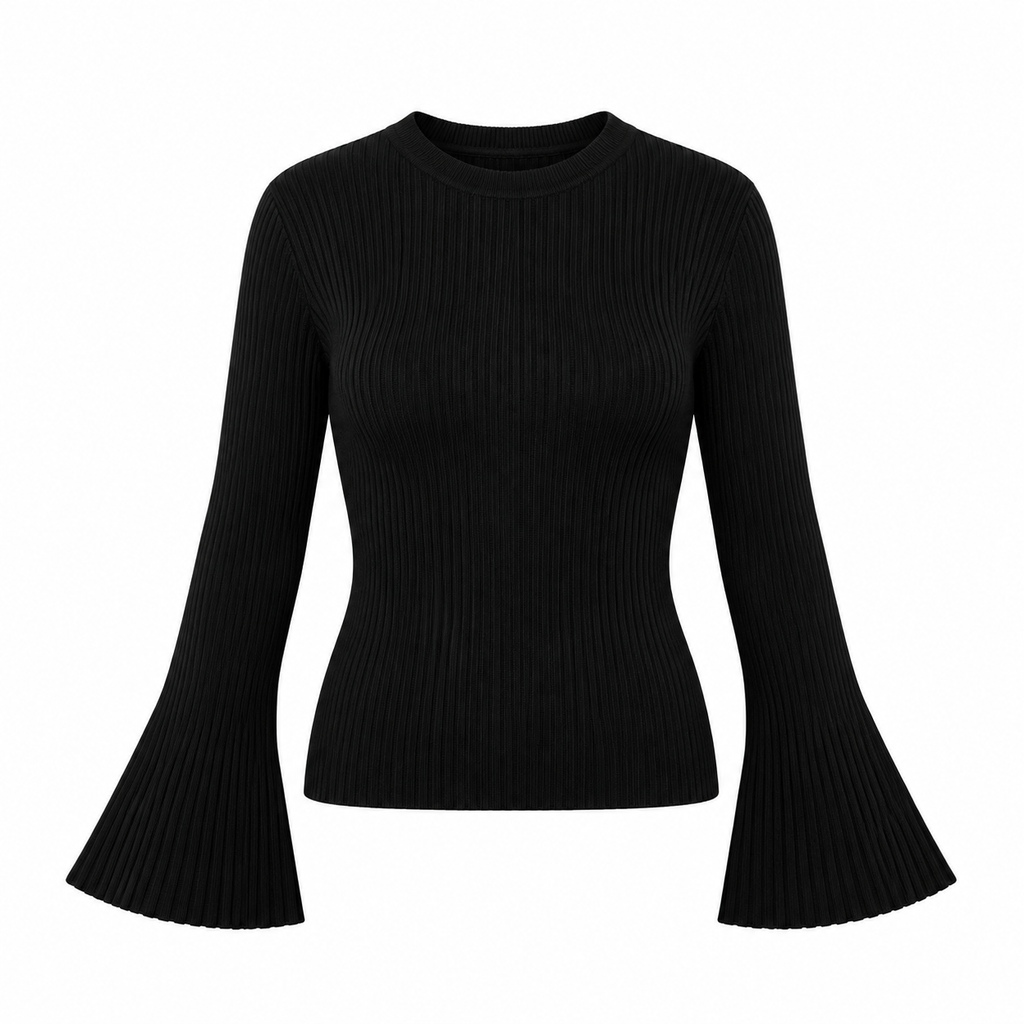 Rib Top met Flared Mouwen – Zwart & Donkerbruin Tops