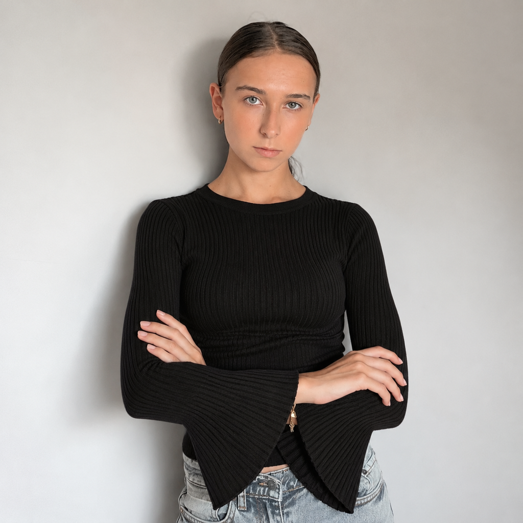 Rib Top met Flared Mouwen – Zwart & Donkerbruin Zwart Tops