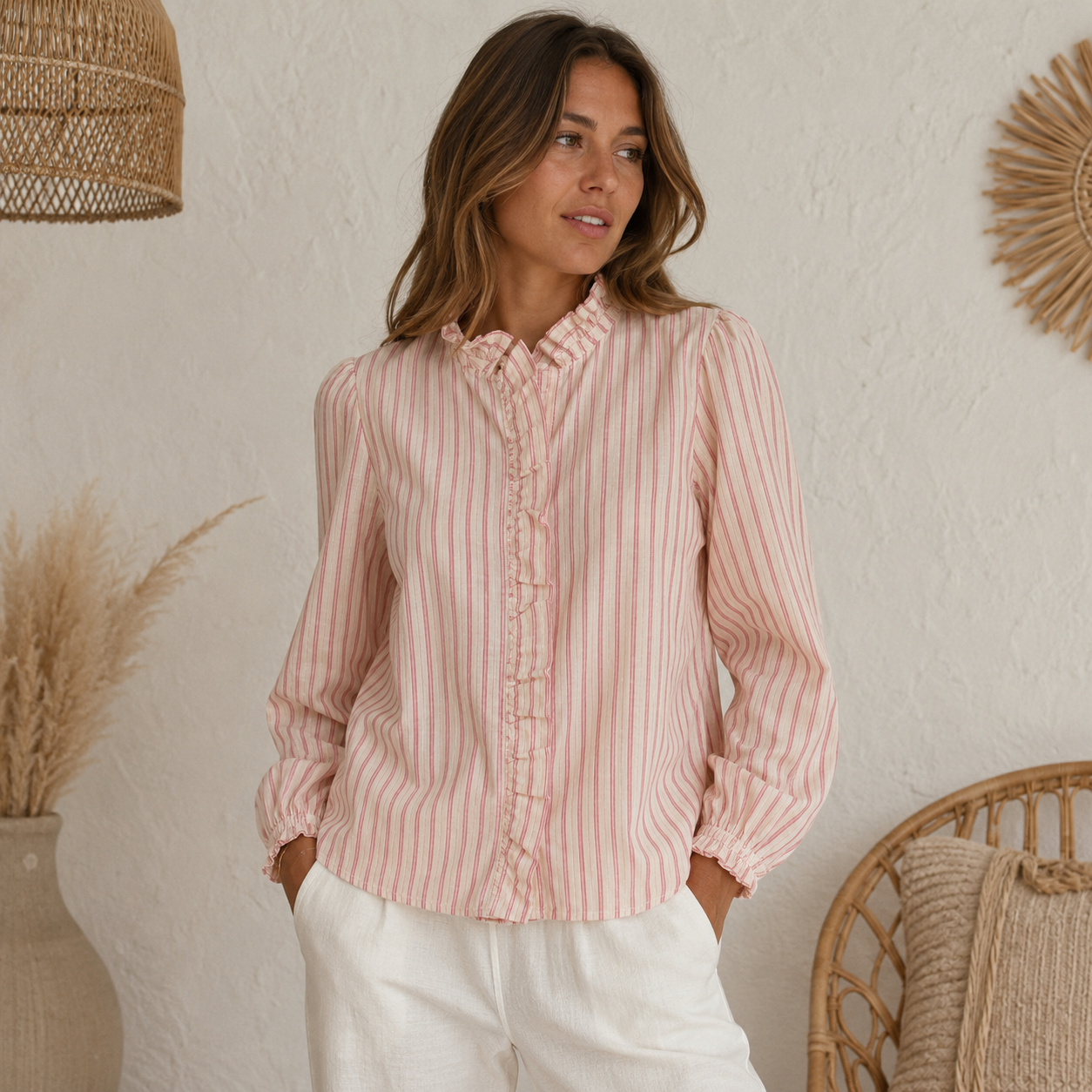 Blouse Ruffled Gestreept - Roze Blouse
