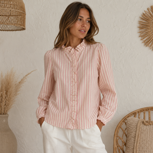 Blouse Ruffled Gestreept - Roze Blouse