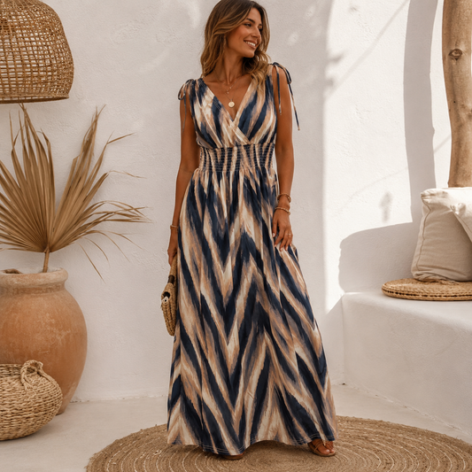 Zwart/Beige Maxi Dress met Chevron Print — One Size Jurk