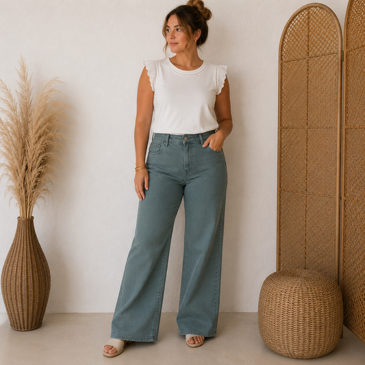 Jeans High Waisted Wide Leg - Kaki