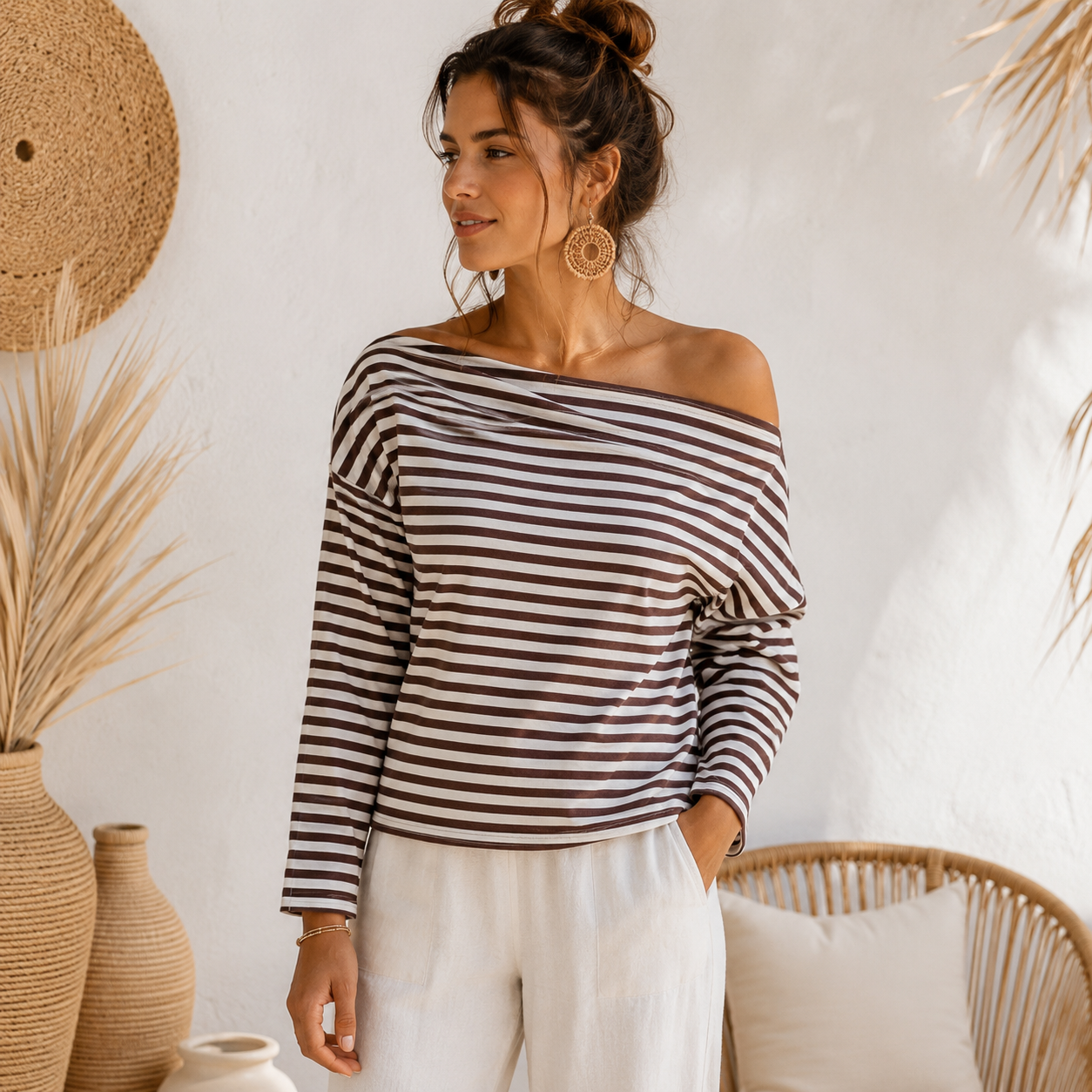 Off Shoulder Gestreepte Top - Beige/Bruin top