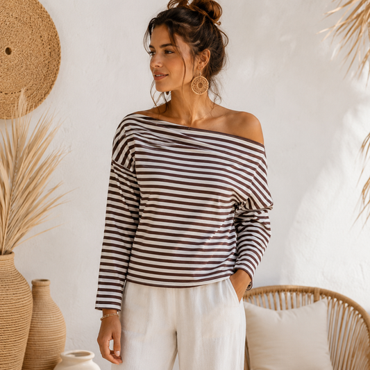 Off Shoulder Gestreepte Top - Beige/Bruin top