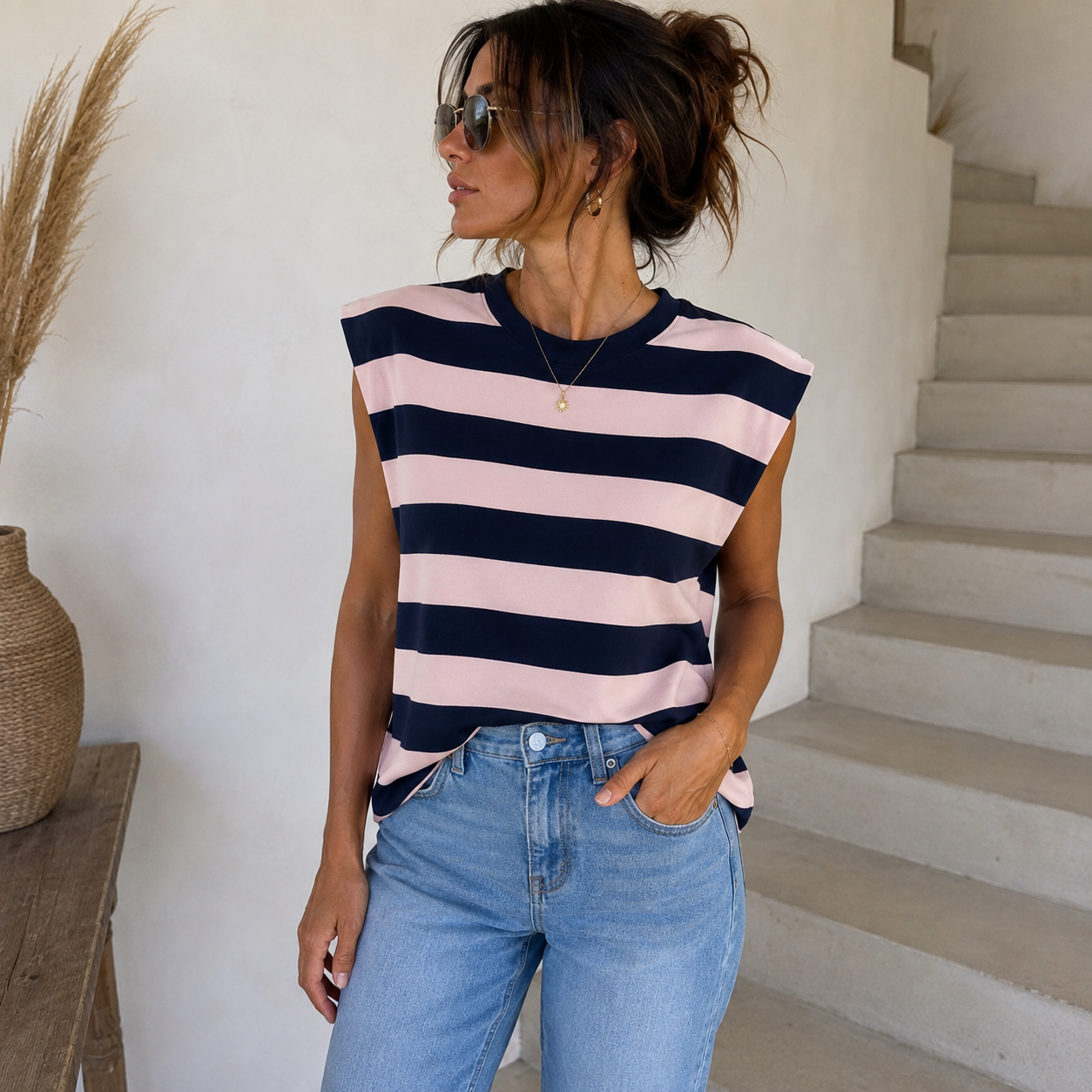 Oversized Striped Shirt Pink/Navy Tops