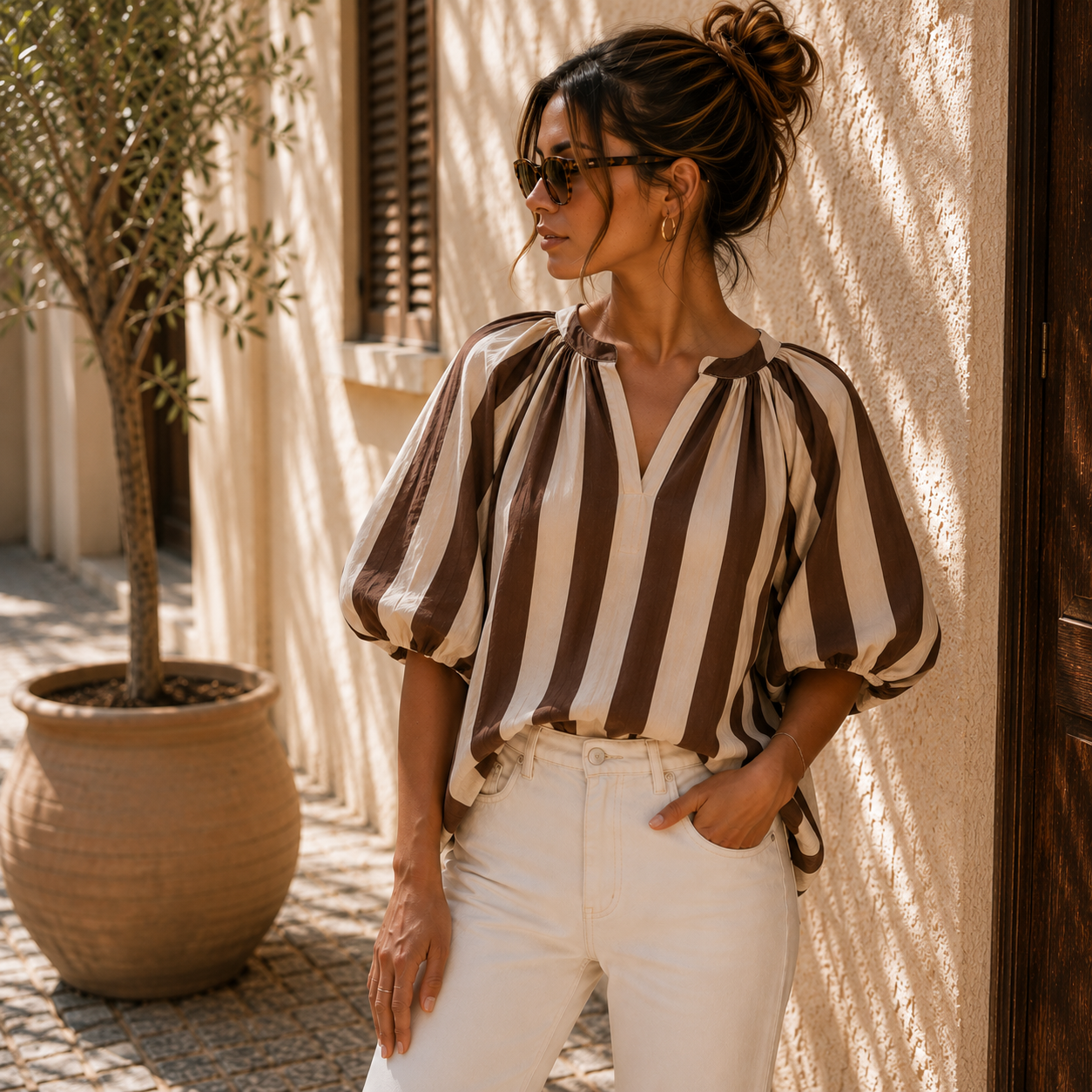 Oversized Blouse Striped Brown Blouse