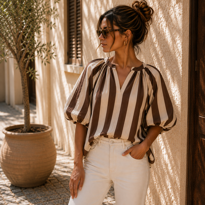 Oversized Blouse Striped Brown Blouse
