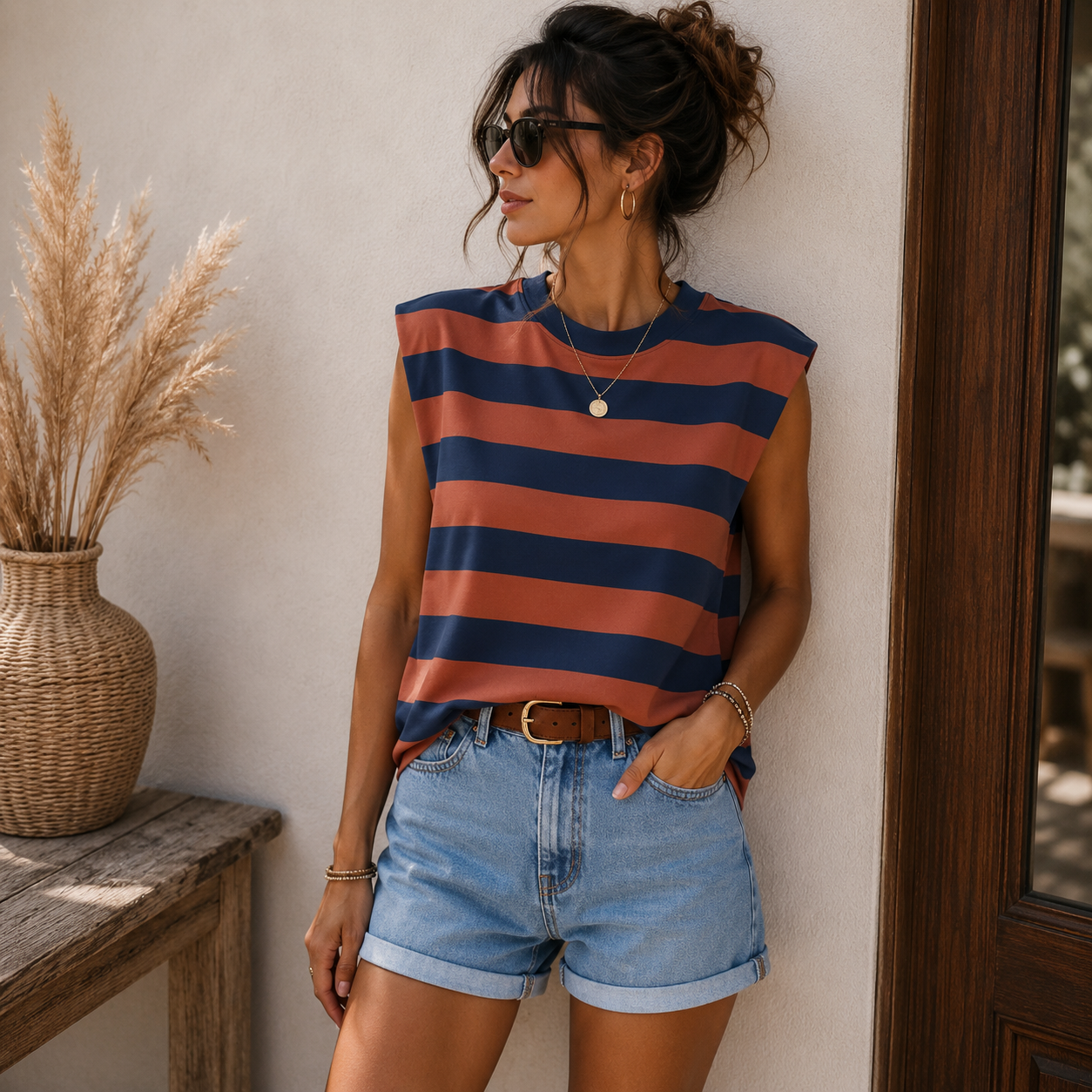 Oversized Striped Shirt Brown/Navy Tops