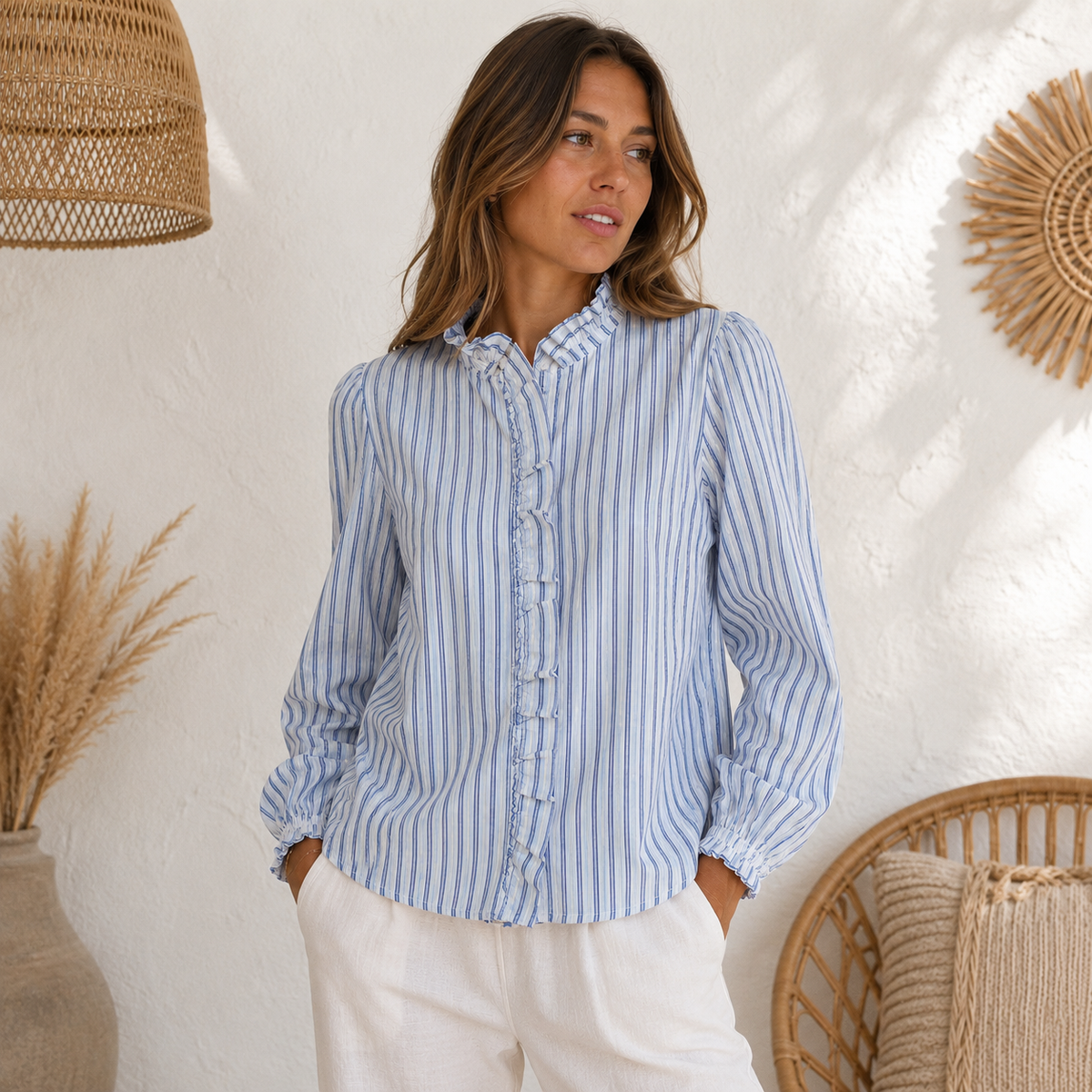 Blouse Ruffled Gestreept - Blauw Blouse