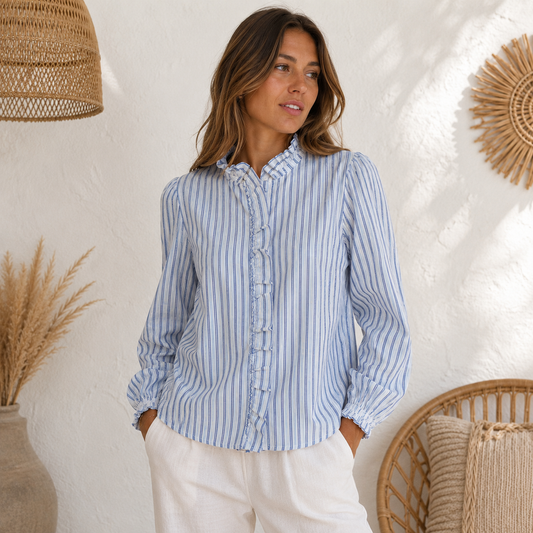 Blouse Ruffled Gestreept - Blauw Blouse