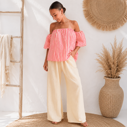 Off Shoulder Striped Top Geel/Peach Top