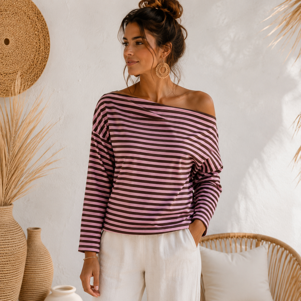 Off Shoulder Gestreepte Top - Roze/Bruin top