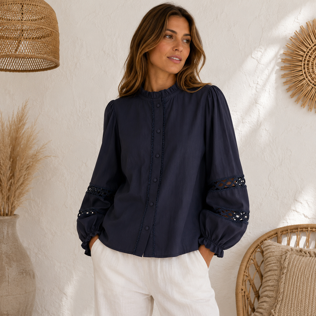 Navy Broderie Blouse tops
