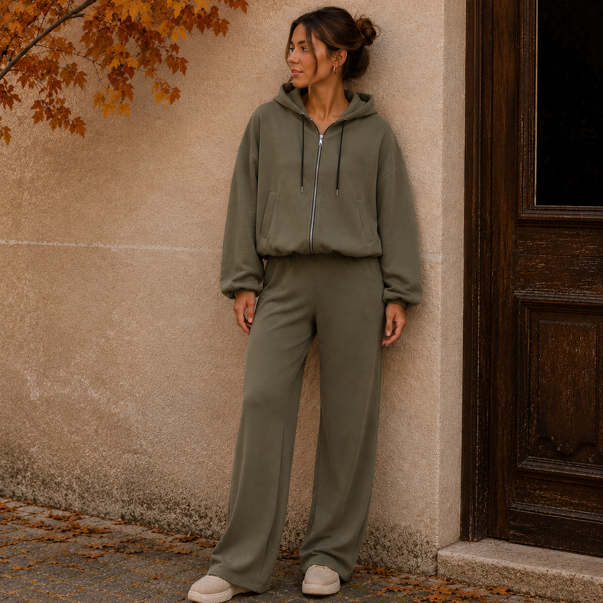 Comfy Wide Leg Jogging Set Kaki