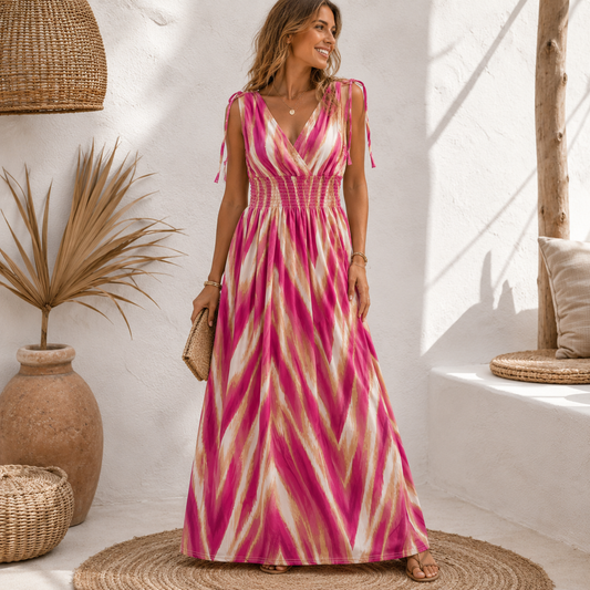 Fuchsia Maxi Dress met Chevron Print — One Size Jurk