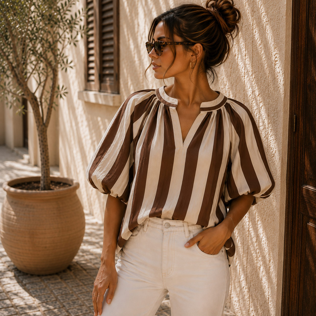 Oversized Blouse Striped Brown Blouse
