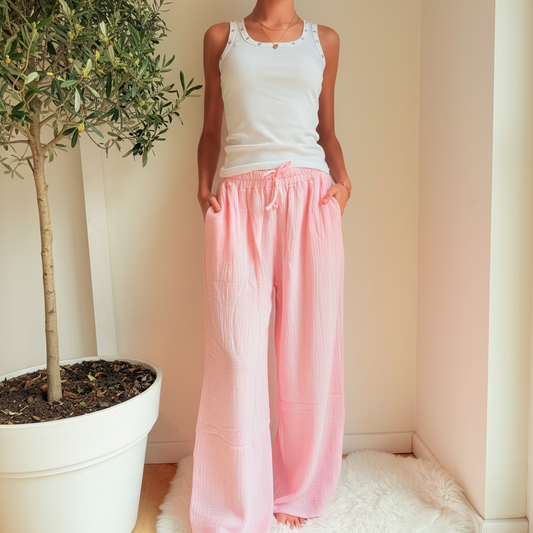 Roze Oversized Wide Leg Broek Cotton Gauze Broek