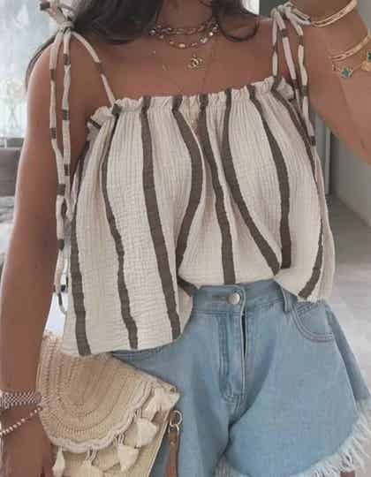 Top Spaghettibandjes Gestreept - Beige Tops