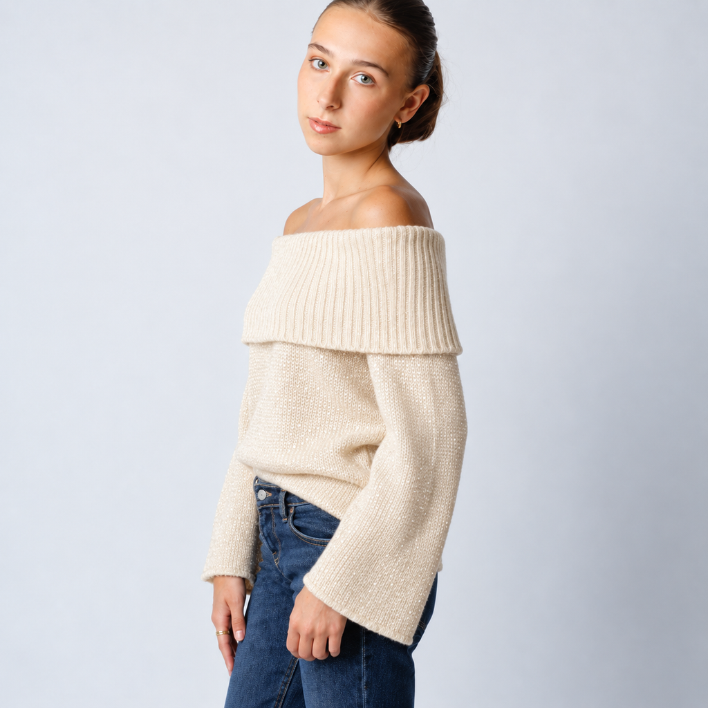 Sparkle Bardot Trui – Beige trui