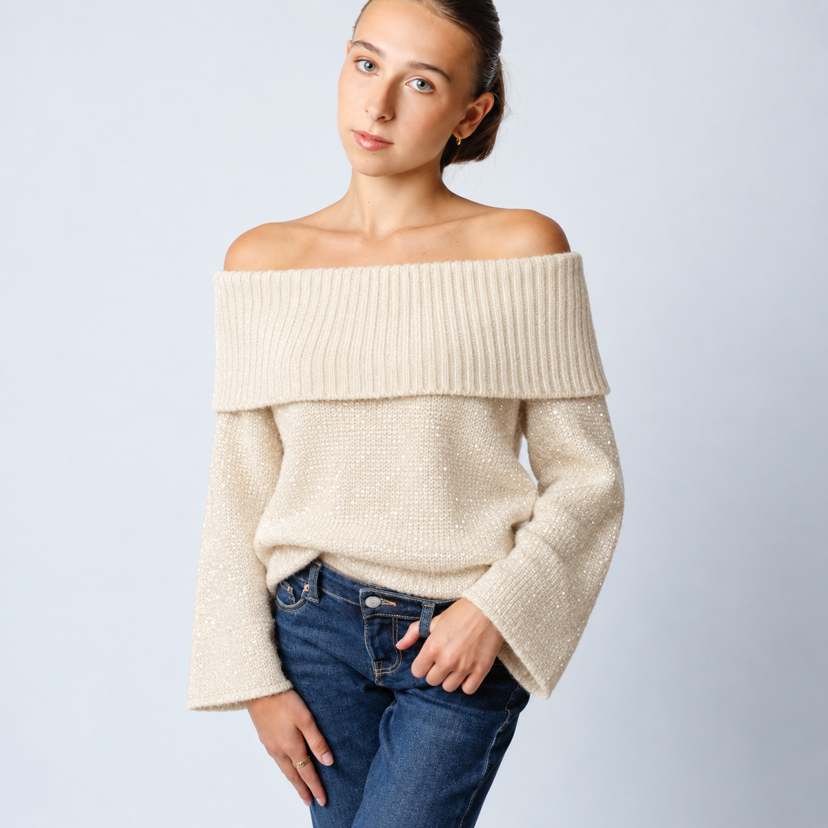 Sparkle Bardot Trui – Beige trui