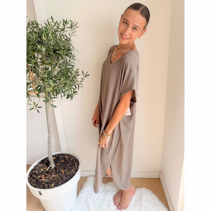 Midi Dress Korte Mouwen | One Size 36-48 Taupe Jurken