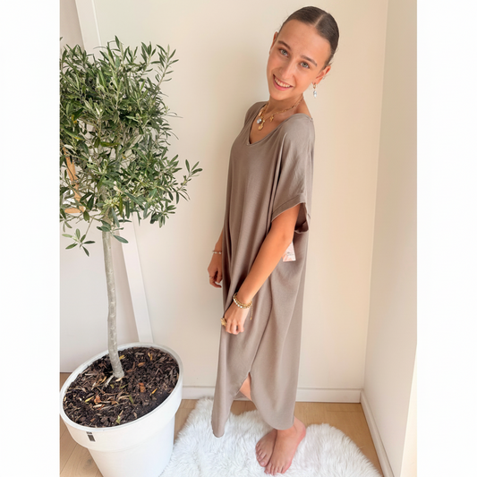 Midi Dress Korte Mouwen | One Size 36-48 Taupe Jurken