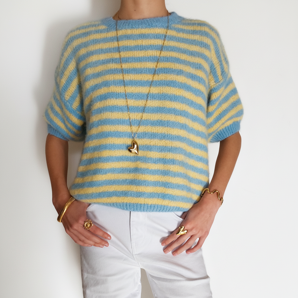 Blauw Geel Gestreepte Trui Korte Mouw Sweater