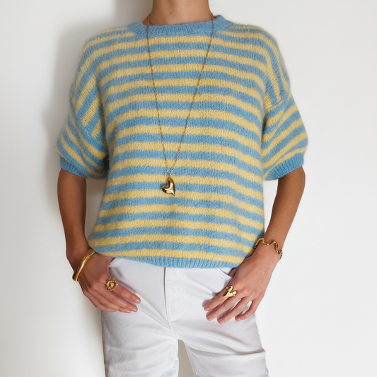 Blauw Geel Gestreepte Trui Korte Mouw Sweater
