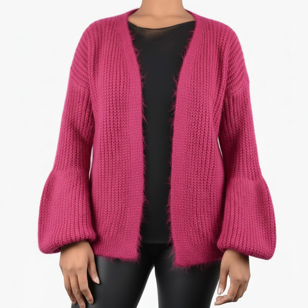 Fuchsia wollen vest met pofmouwen cardigan