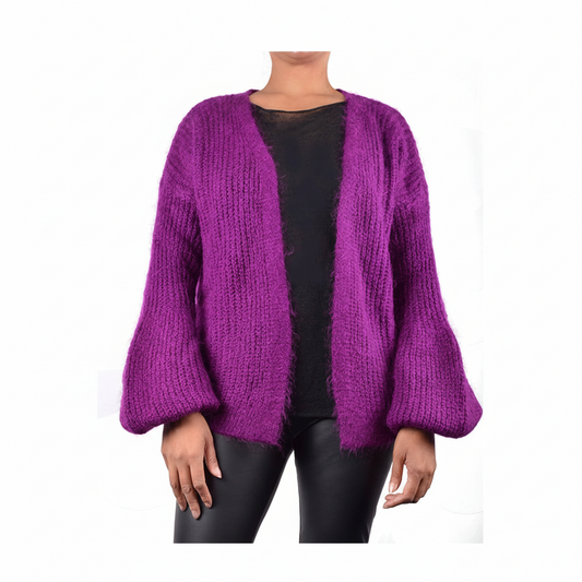 Magenta wollen vest met pofmouwen cardigan